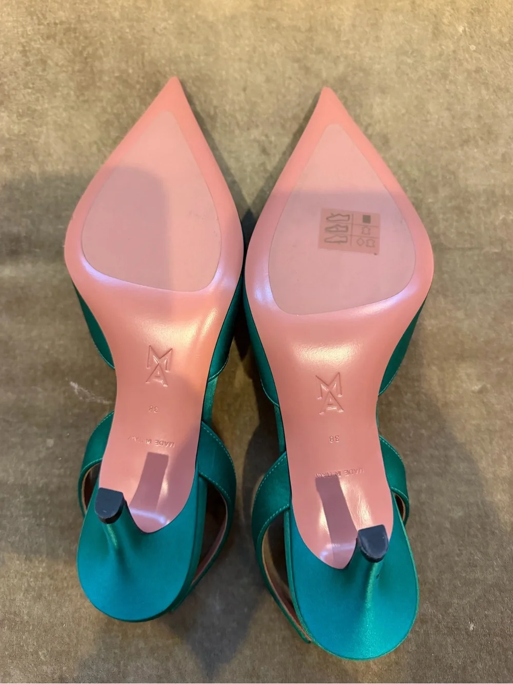 Amina Muaddi Teal Pointed Slingback Heels with Crystal Octagon Buckle